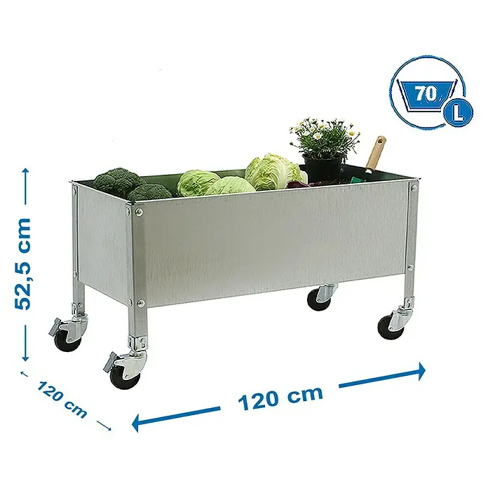 Simonrack Simongarden Huerto Urbano Urban Mob - 120 x 120 x 52,5 cm, Aluminio, Galvanizado - Imagen de un huerto elevado móvil de metal con verduras y plantas, se indican las dimensiones.