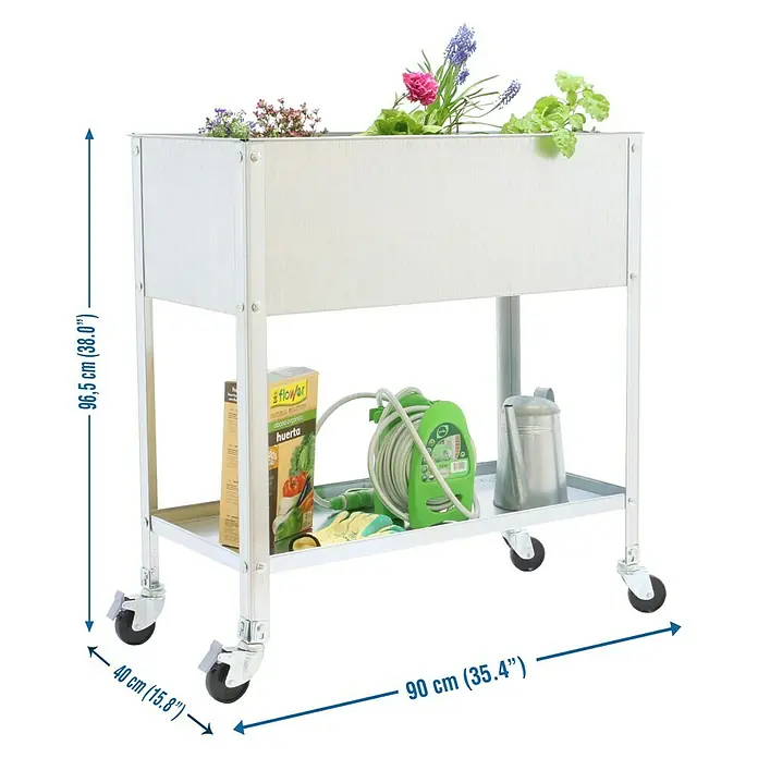 Simonrack Simongarden Huerto Urbano Urban TOPMOB - 40 x 90 x 96,5 cm, Aluminio, Galvanizado - La imagen muestra una jardinera metálica rodante con plantas y varias herramientas de jardinería en el estante.