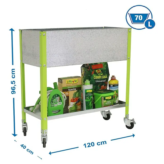 Simonrack Simongarden Huerto Urbano Urban TOPMOB - 40 x 120 x 96,5 cm, Aluminio, Galvanizado/Verde - La imagen muestra un huerto elevado con dimensiones de 96,5 cm de altura, 120 cm de longitud y 40 cm de anchura, incluyendo material de jardinería.