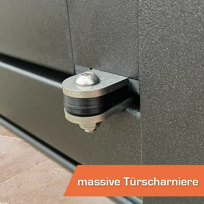 SunElements Gewächshaus SunGarden Energy 3.2 - Außenmaß inkl. Dachüberstand (B x T): 338 x 233 cm, Anthrazit-Metallic, Materialspezifizierung Dach: Acrylglas mit Photovoltaikmodulen - Massive Türscharniere in Nahaufnahme. Robuste Konstruktion für langlebige Türen und Tore.