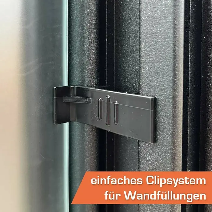 SunElements Gewächshaus SunGarden Energy 3.2 - Außenmaß inkl. Dachüberstand (B x T): 338 x 233 cm, Anthrazit-Metallic, Materialspezifizierung Dach: Acrylglas mit Photovoltaikmodulen - Nahaufnahme eines schwarzen Clip-Systems zur einfachen Wandbefestigung.