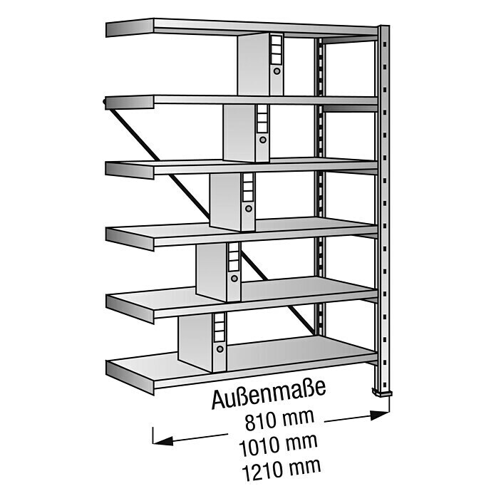 Scholz Aktenregal AnbauelementLänge: 1.010 mm, Breite: 300 mm, Höhe: 1.920 mm, Traglast: 80 kg/Boden, Anzahl Böden: 6 Stk. Detail Shot