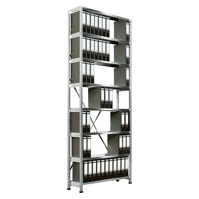 Scholz Aktenregal Grundelement - H x B x T: 264 x 105 x 30 cm, Traglast pro Boden: 80 kg, Anzahl Böden: 8 Stk., Stecken, Silber - Ein hohes, schmales Metallregal mit mehreren Ablagen, gefüllt mit Aktenordnern, vor einem neutralen Hintergrund.