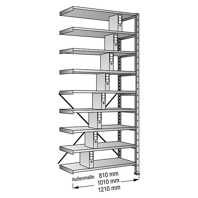 Scholz Aktenregal Anbauelement (Länge: 1.010 mm, Breite: 300 mm, Höhe: 3.000 mm, Traglast: 80 kg/Boden, Anzahl Böden: 9 Stk.)