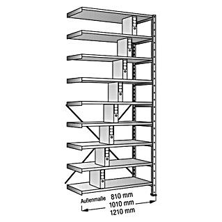 Scholz Aktenregal Anbauelement (H x B x T: 300 x 101 x 30 cm, Traglast pro Boden: 80 kg, Anzahl Böden: 9 Stk., Stecken, Silber)