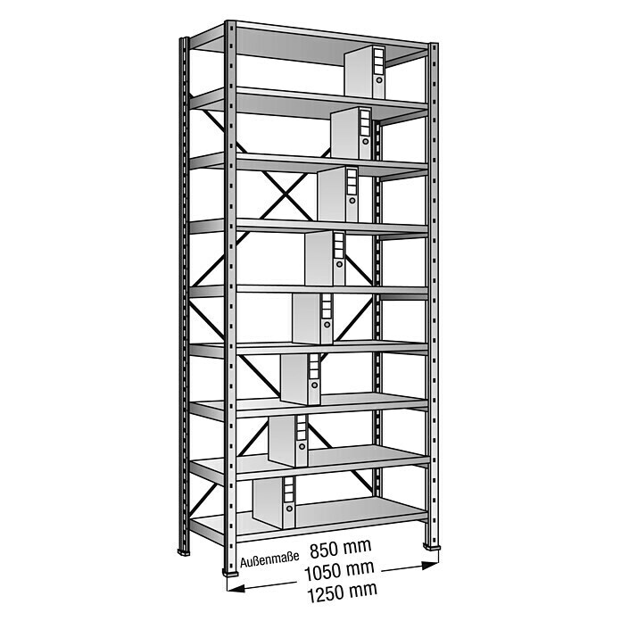 Scholz Aktenregal Grundelement (Länge: 850 mm, Breite: 300 mm, Höhe: 3.000 mm, Traglast: 100 kg/Boden, Anzahl Böden: 9 Stk.)