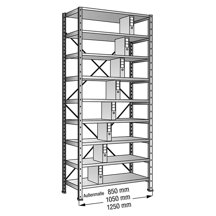 Scholz Aktenregal Grundelement - H x B x T: 300 x 85 x 30 cm, Traglast pro Boden: 100 kg, Anzahl Böden: 9 Stk., Stecken, Silber - Abbildung eines Regalsystems mit mehreren Ebenen zur Lagerung von Aktenordnern und anderen Gegenständen.