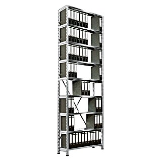 Scholz Aktenregal Grundelement (H x B x T: 300 x 105 x 30 cm, Traglast pro Boden: 80 kg, Anzahl Böden: 9 Stk., Stecken, Silber)