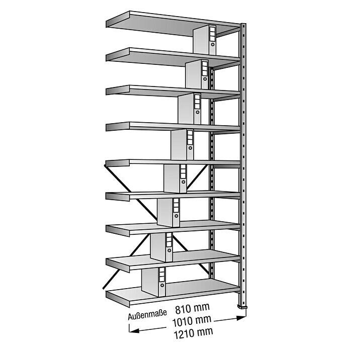 Scholz Aktenregal Anbauelement (Länge: 810 mm, Breite: 300 mm, Höhe: 3.000 mm, Traglast: 100 kg/Boden, Anzahl Böden: 9 Stk.)