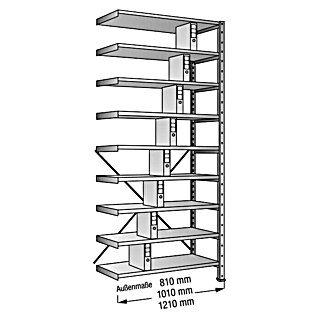 Scholz Aktenregal Anbauelement (H x B x T: 300 x 81 x 30 cm, Traglast pro Boden: 100 kg, Anzahl Böden: 9 Stk., Stecken, Silber)