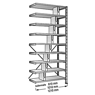 Scholz Aktenregal Anbauelement (H x B x T: 300 x 121 x 30 cm, Traglast pro Boden: 90 kg, Anzahl Böden: 9 Stk., Stecken, Silber)