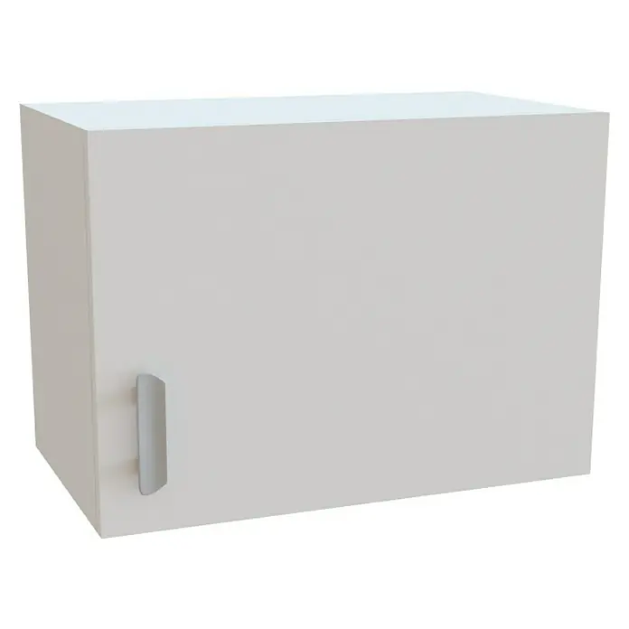 Top Element B Mueble alto de cocina sobrecampana - An x Pr x Al: 60 x 33 x 45 cm, Blanco - Primer plano de un armario de cocina blanco con una manija plateada moderna en el lado izquierdo, ideal para un diseño de cocina contemporáneo.