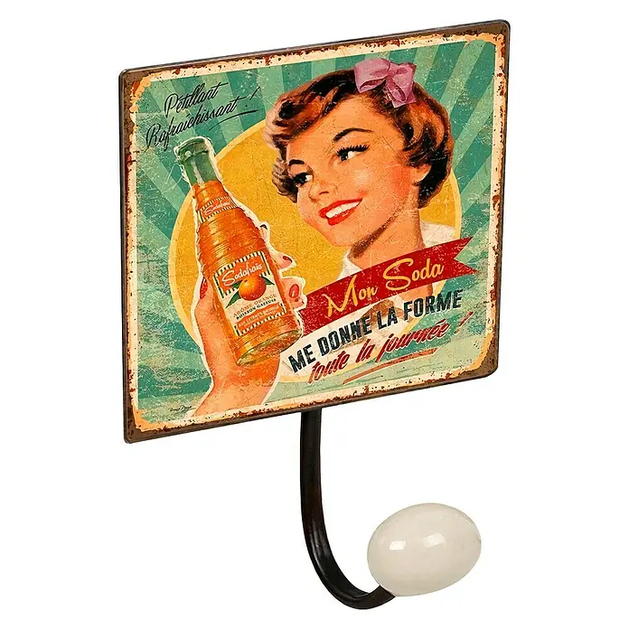 Nesu Gancho para colgar Soda - Número de ganchos: 1 ud., L x An x Al: 10 x 15,5 x 7 cm - Perchero de pared con diseño vintage de soda. El gancho es de metal y tiene una bola blanca al final. Perfecto para cocina o baño.