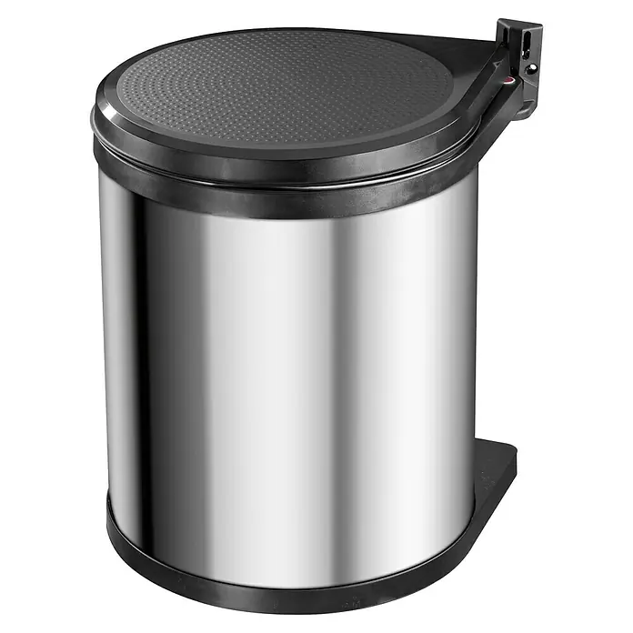 Hailo Einbaumülleimer Compact-Box - 15 l, Metall, Schwarz/Edelstahl - Dieser hochwertige, runde Abfalleimer aus Edelstahl mit schwarzem Deckel und Fuß ist ideal für Küche oder Bad.