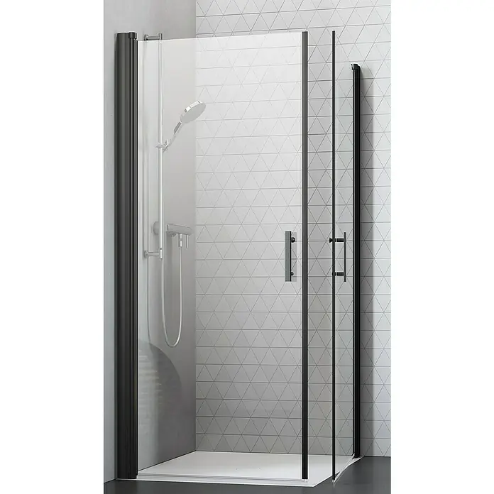 Camargue Vario Eckdusche B1+B3 - L x B x H: 75 x 90 x 195 cm, Beschichtet, Schwarz, Glasstärke: 6 mm - Bild einer Duschkabine mit schwarzem Rahmen und zwei Glastüren, die eine moderne Badezimmerausstattung zeigt.
