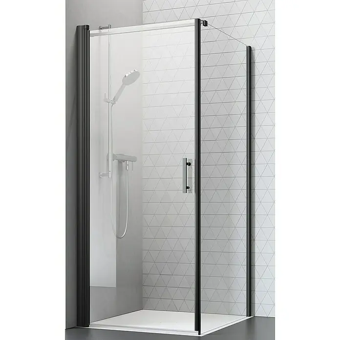 Camargue Vario Eckdusche B3+B5L x B x H: 75 x 90 x 200 cm, Beschichtet, Stärke: 6 mm, Schwarz - Bild einer Duschkabine mit schwarzem Rahmen und einer Duscharmatur im Inneren. Die Duschkabine ist auf einer Duschwanne montiert.