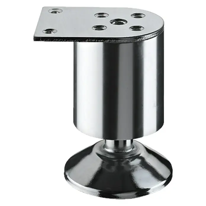 Hettich Möbelfuß Juba - Ø x H: 5 x 10 cm, Traglast: 50 kg, Stahl - Nahaufnahme eines verstellbaren Möbelfußes aus Chrom mit quadratischer Montageplatte und konischer Basis.