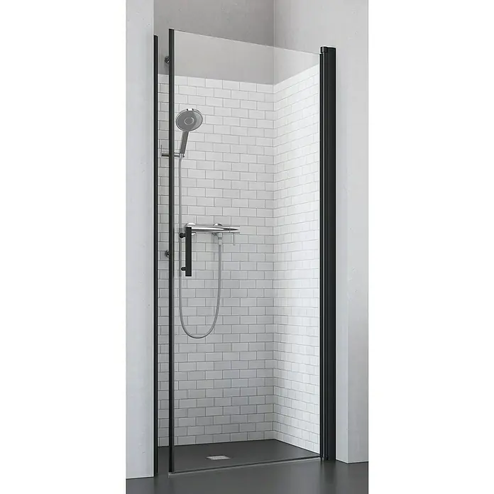 Camargue Vario Nischendusche B2+B9 - 80 x 195 cm, Beschichtet, Schwarz, 6 mm - Detaillierte Aufnahme einer Duschkabine mit schwarzen Rahmenprofilen und weißen Kacheln, die ein modernes Badezimmerdesign zeigt.