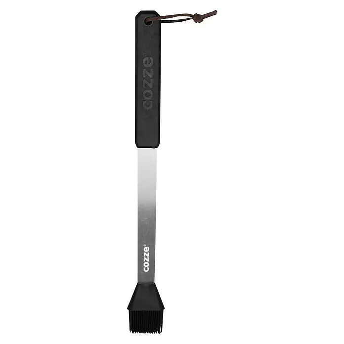 Cozze Grillbesteck - Länge: 42 cm - Grillpinsel mit schwarzem Griff, Edelstahlstiel und brauner Lederschlaufe zum Aufhängen, ideal für Marinaden und Saucen.