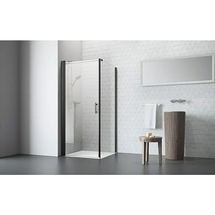 Camargue Vario Eckdusche B3+B5L x B x H: 75 x 90 x 200 cm, Beschichtet, Stärke: 6 mm, Schwarz - Elegante Duschkabine mit schwarzem Rahmen, die modernes Design und Funktionalität im Badezimmer vereint. Ideal für stilvolle Bäder.
