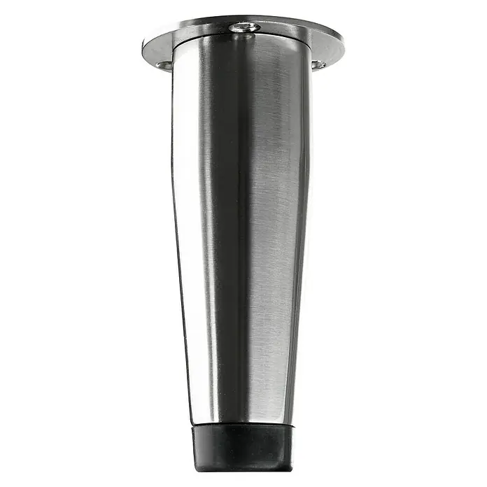 Hettich Möbelfuß Vitima - Ø x H: 3,2 x 10 cm, Traglast: 50 kg, Stahl - Produktansicht eines Möbelfußes aus gebürstetem Stahl mit rundem Befestigungsflansch und schwarzem Gummifuß.