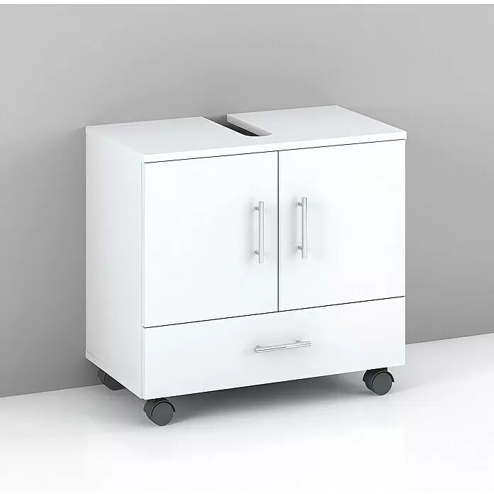 Riva Mueble de lavabo System - 62,2 x 35,6 x 57,5 cm, Blanco, Mate - Mueble auxiliar blanco con dos puertas, un cajón, encimera con corte para fontanería y ruedas.