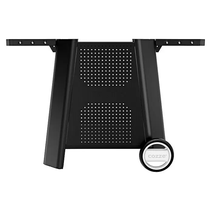 Cozze Rollwagen - B x T x H: 127 x 64,5 x 74,5 cm, Stahl, Schwarz, Passend für: Cozze 500er Grillserie - Schwarzes Metall-BBQ-Wagenuntergestell mit perforierten Paneelen, seitlichen Haken und einem Rad mit 'cozze'-Logo.