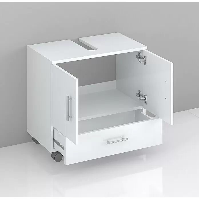Riva Mueble de lavabo System - 62,2 x 35,6 x 57,5 cm, Blanco, Mate - Mueble bajo blanco móvil con recorte para lavabo, puertas abiertas que revelan un estante y cajón abierto, con ruedas.