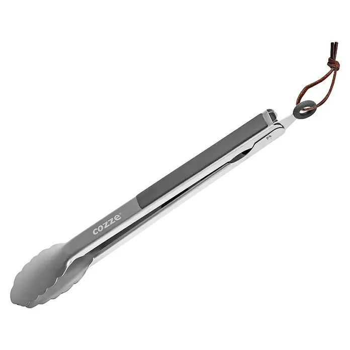 Cozze Grillzange - Länge: 40 cm - Grillzange aus Edelstahl mit rutschfestem Griff und Lederaufhängeschlaufe für sicheres und komfortables Grillen.