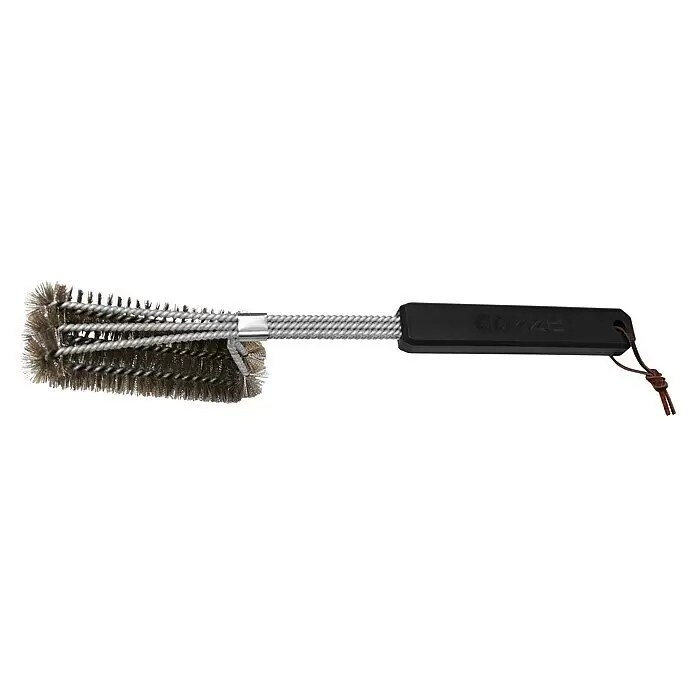 Cozze Grillbürste - Länge: 40 cm - Metall-Grillbürste mit drei Borstenreihen, gedrehtem Metallschaft, schwarzem Griff mit 'cozze'-Logo und brauner Lederschlaufe.