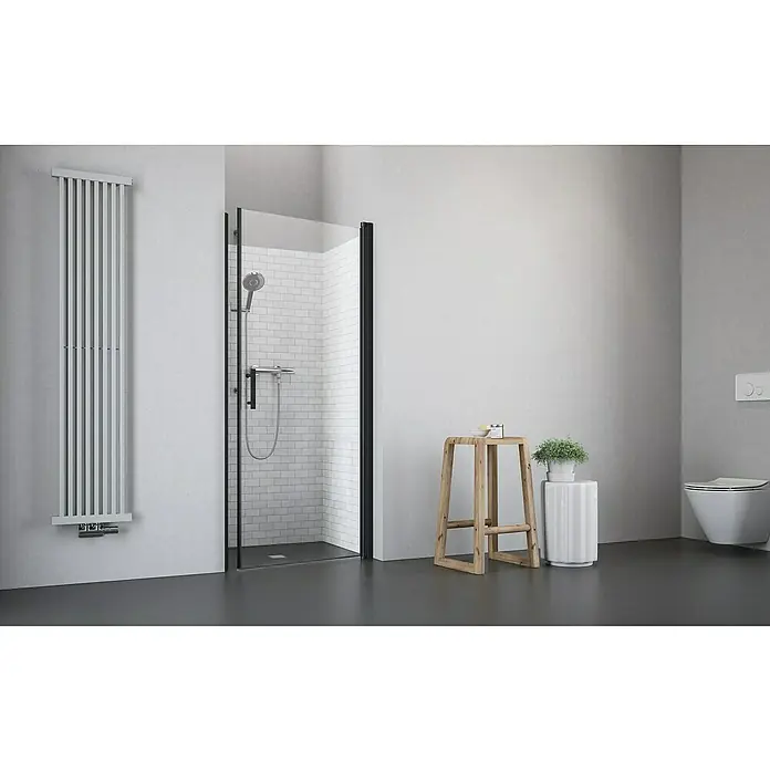 Camargue Vario Nischendusche B1+B975 x 195 cm, Beschichtet, Stärke: 6 mm, Schwarz - Minimalistisches Badezimmer mit begehbarer Dusche, Handtuchwärmer und WC. Klare Linien und helle Farben prägen das Design.