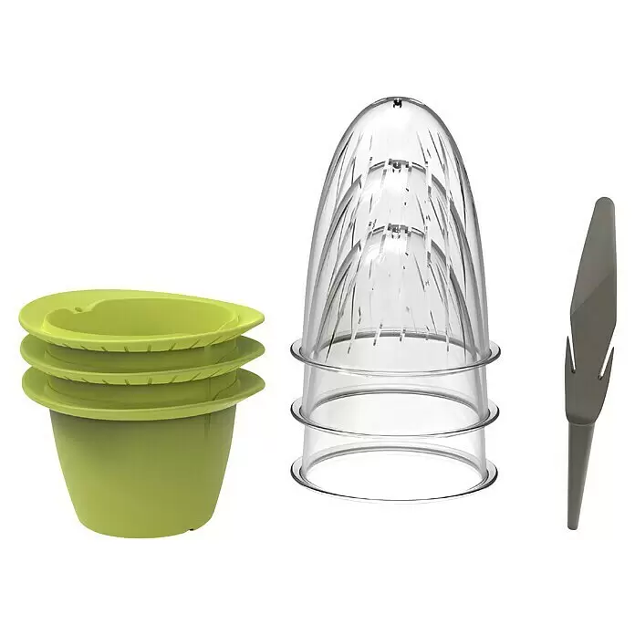 Romberg Pflanztopf Mini - Ø x H: 14,5 x 9 cm, Kunststoff, Sommergrün - Limettenfarbene Plastikschüsseln mit Deckeln, transparente, stapelbare Zitruspresse und graues Plastikwerkzeug.