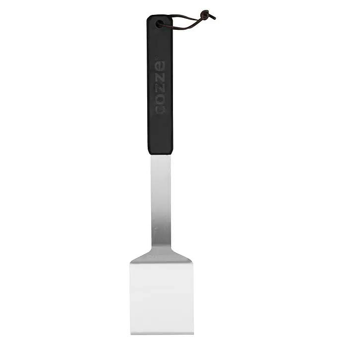 Cozze Grillgutwender - Länge: 40 cm - Ein Pizzawender von Cozze mit einem schwarzen Griff und einer Aufhängeschlaufe aus Leder, ideal zum Zubereiten von Pizza.