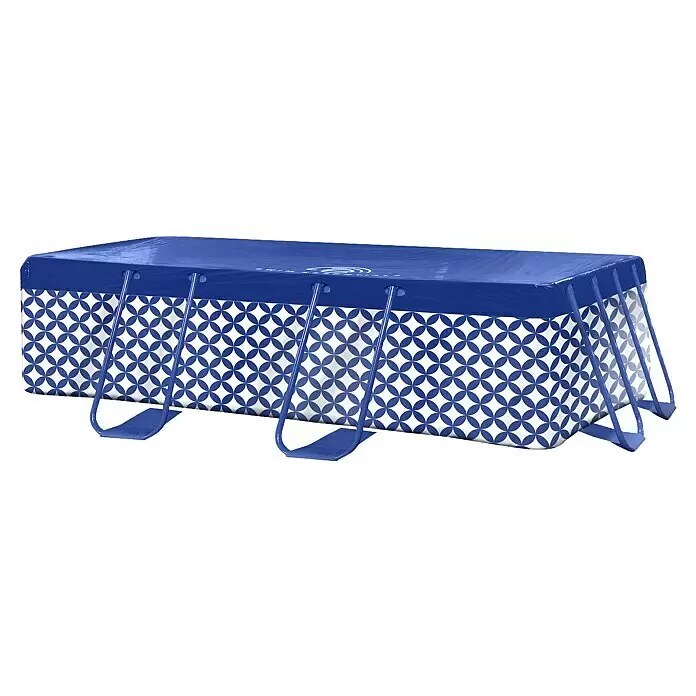 Swim Essentials Pool-Abdeckplane - Passend für: Frame Pools (L x B): 400 x 200 cm, L x B: 400 x 200 cm, Material: Kunststoff, Dunkelblau - Rechteckiger Aufstellpool mit blauer Abdeckung, blauem Stützrahmen und blau-weiß gemusterten Seitenwänden.