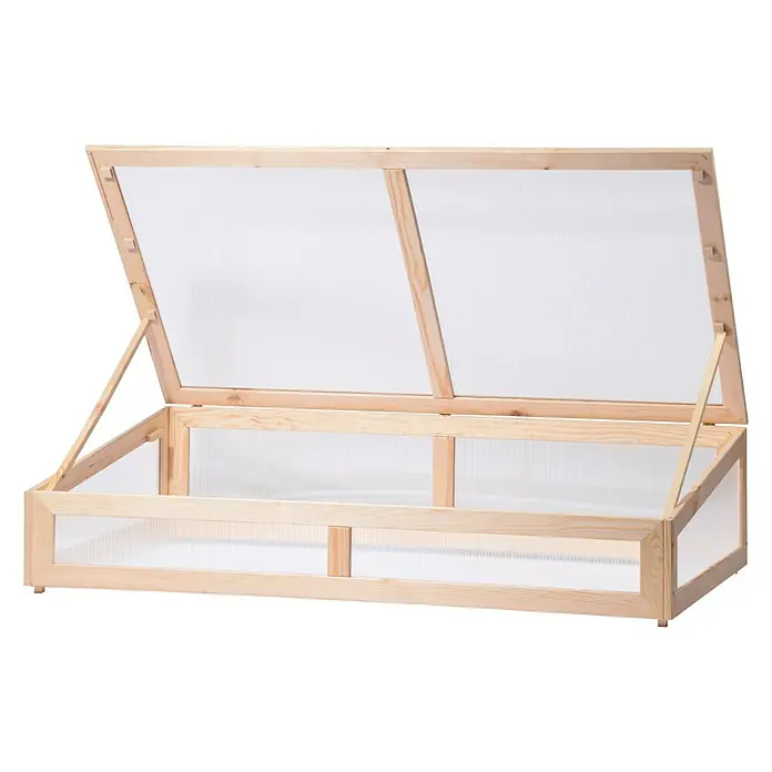 Dobar Frühbeet-Aufsatz - 128 x 67 x 31,5 cm - Das Bild zeigt ein offenes, hölzernes Frühbeet mit transparenten Wänden und einem Deckel, ideal für den Garten oder Balkon.