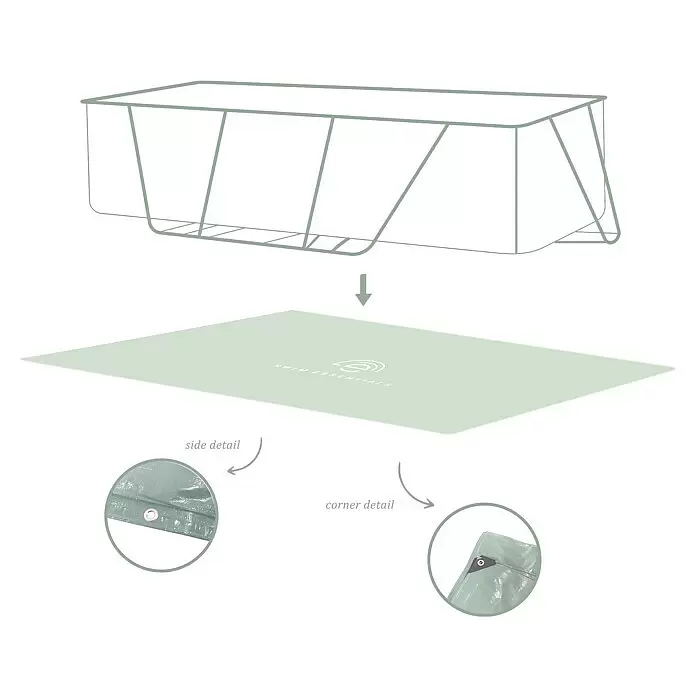 Swim Essentials Bodenschutzplane - L x B: 400 x 200 cm, PVC, Grün - Hellgrüne Poolabdeckung mit Ösen und Eckbefestigungen, zusammen mit einer passenden rechteckigen Poolrahmenzeichnung.