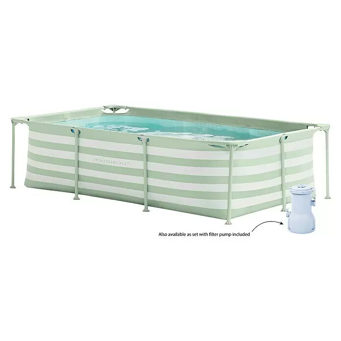 Swim Essentials Frame-Pool - L x B x H: 260 x 160 x 65 cm, Grün/Weiß, 2.163 l - Rechteckiger Aufstellpool mit hellgrünen und weißen Streifen, hellgrünem Rahmen, gefüllt mit Wasser. Separate Filterpumpe ist abgebildet.