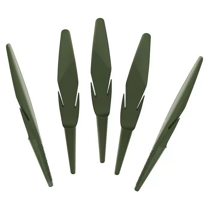 Romberg Etikettenhalter - L x B: 10,5 x 1,5 cm, Moosgrün - Fünf olivgrüne, längliche Komponenten mit geschlitzten Mittelstücken und geriffelten Griffen.