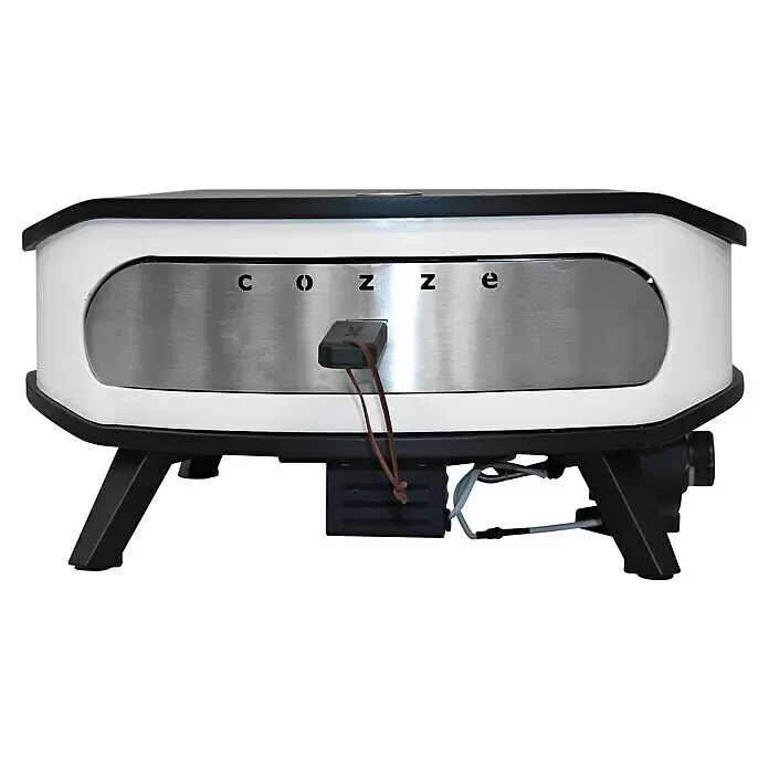 Cozze Pizzaofen mit drehbarem Pizzastein - Durchmesser Grillfläche: 42,5 cm, 6 kW, Weiß/Schwarz, Stahl - Weiß-schwarzer Outdoor-Pizzaofen mit gebürsteter Metallfront und "Cozze"-Logo. Ein Temperaturfühler hängt vorne herab.