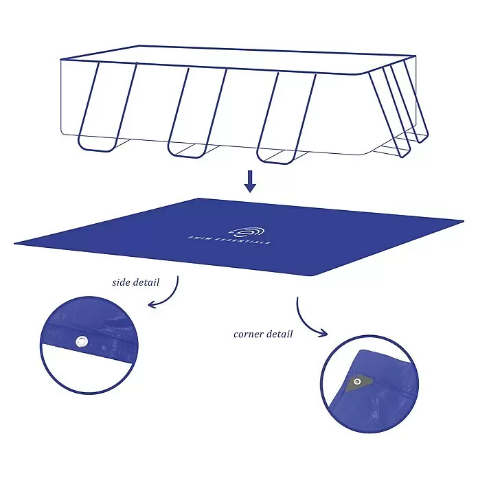 Swim Essentials Bodenschutzplane - L x B: 400 x 200 cm, PVC, Blau - Blaues Bodentuch mit Ösen und verstärkten Ecken für den Poolrahmen. Mit 'SWIM ESSENTIALS' Logo.