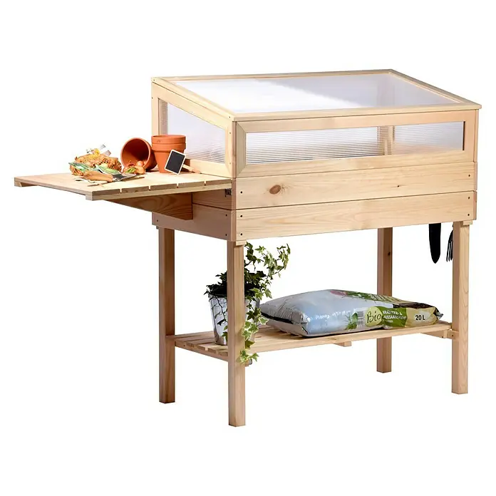 Dobar Hochbeet - 150 x 50 x 107 cm, Holz, Natur - Bild eines Hochbeets mit Ablagefläche und einem Pflanzensack, der die Gartenarbeit erleichtert.