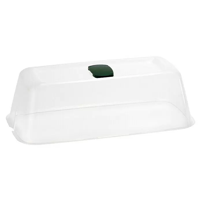 Romberg BoQube Anzuchthaube M - L x B x H: 37 x 19 x 12 cm, Moosgrün - Klare, rechteckige Kunststoffabdeckung mit einem dunkelgrünen Lüftungsknopf oben.