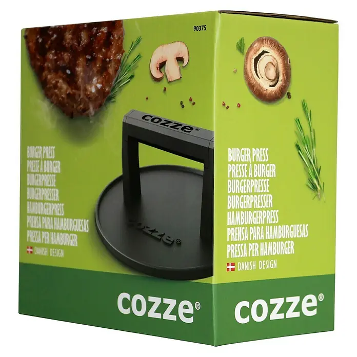 Cozze Fleischbeschwerer - Gusseisen - Burgerpresse der Marke Cozze in einer Verpackung. Hilft, perfekte Burger zu formen. Ideal für jeden Grillmeister, der Wert auf Qualität legt.