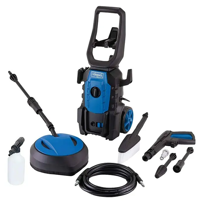 Scheppach Hochdruckreiniger HPC1600-Kit - 135 bar, 1.600 W, Fördermenge: 420 l/h - Eine Scheppach Hochdruckreiniger-Komplettausstattung mit verschiedenen Düsen, Bürsten und Zubehör für vielfältige Reinigungsaufgaben.