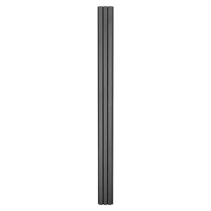 Dioco Revestimiento decorativo alistonado - L x An: 220 x 17 cm, Gris - Un primer plano vertical muestra una elegante pared de paneles de madera gris con tres prominentes ranuras oscuras que dan un toque arquitectónico moderno.