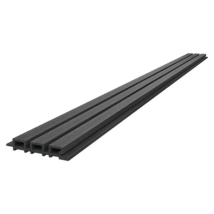 Dioco Revestimiento decorativo alistonado - L x An: 220 x 17 cm, Gris - Un primer plano de un panel de pared decorativo de madera oscura, destacando su diseño acanalado y estética moderna, ideal para espacios interiores.
