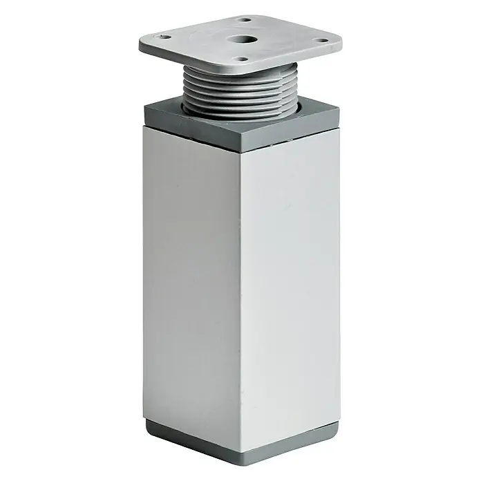 Hettich Möbelfuß - Traglast: 50 kg, Kunststoff, Höhenverstellung: 10 cm - 12 cm, Aluminium - Silbernes, höhenverstellbares Möbelfuß mit quadratischer Form und grauem Oberteil zur einfachen Montage an Möbeln.