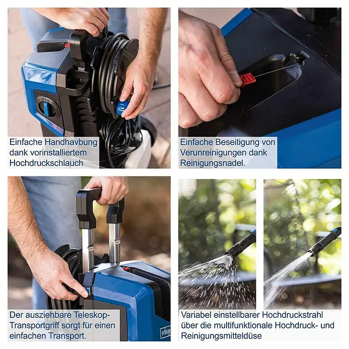 Scheppach Hochdruckreiniger HCE3000 - 2.400 W, Fördermenge: 480 l/h, 180 bar - Einfache Handhabung des Hochdruckreinigers dank vorinstalliertem Schlauch, Reinigungsnadel und Teleskop-Transportgriff für einfachen Transport.