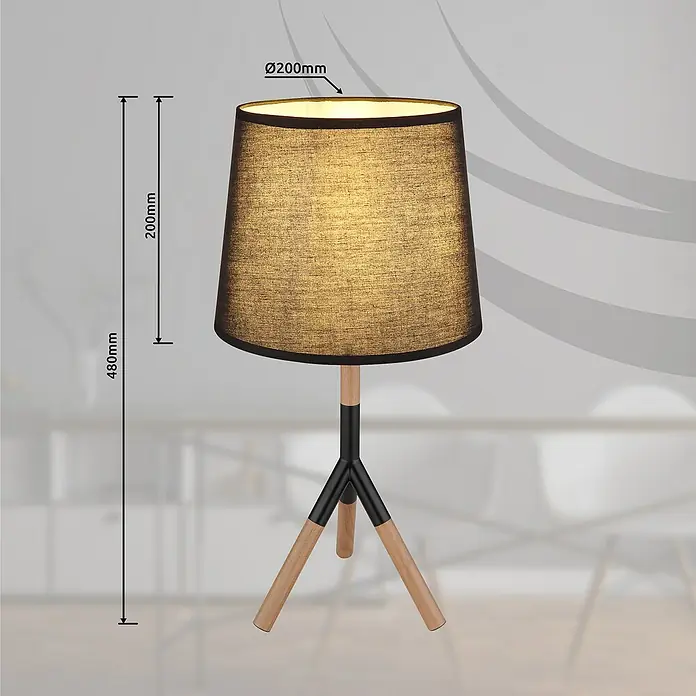 Globo Kikki Tischleuchte - 40 W, Holz, Ø x H: 25 x 45 cm, E27, 1 Stk. - Elegante Tischlampe mit schwarzem Schirm und Holzfuß, perfekt für eine stilvolle Beleuchtung im Raum.