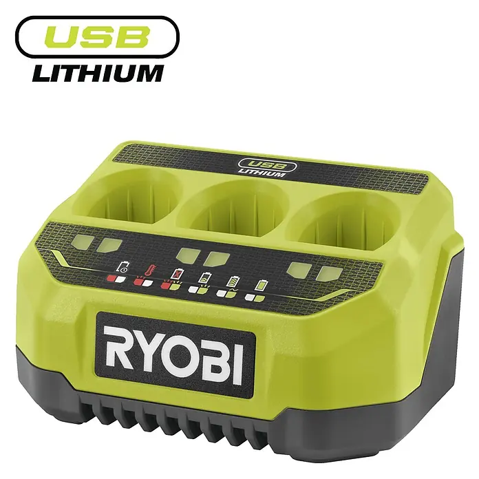 Ryobi 4V USB Schnellladegerät RC43P - Passend für: Ryobi 4V USB-Lithium-Akkus - Ryobi USB-Lithium-Ladegerät mit drei Ladeplätzen zum gleichzeitigen Aufladen mehrerer Akkus. Kompaktes Design für Werkstatt oder Baustelle.